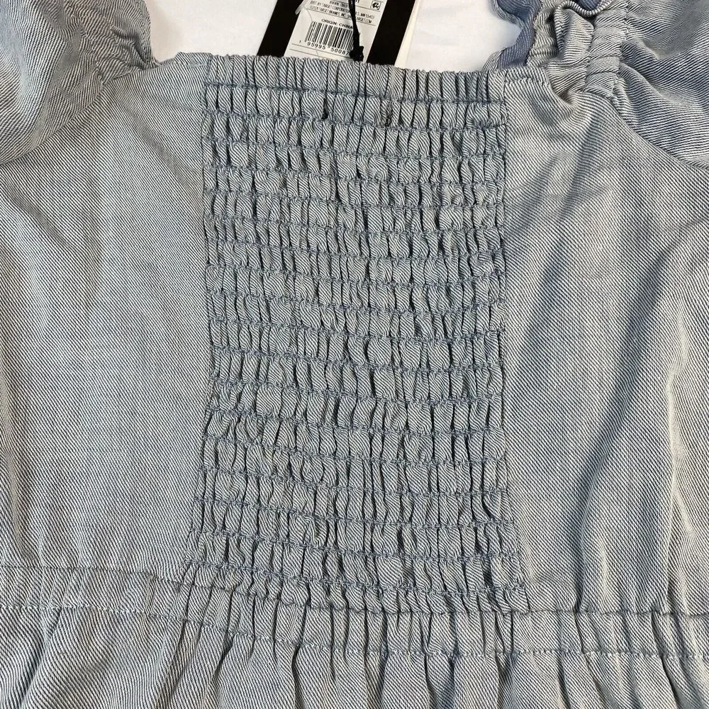 Who What Wear Women's Dress Small Chambray Twill Puff Sleeve Mini Ruffle Hem NWT